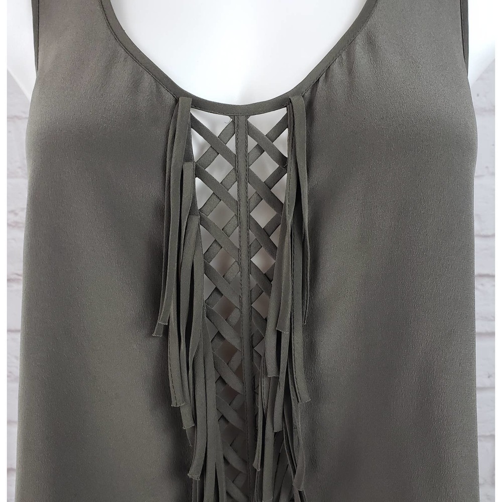 BCBGMaxAzria Mura Top/Tank ~ Dark Green/Olive Fringed 100% Silk ~ Size Small - Picture 4 of 9